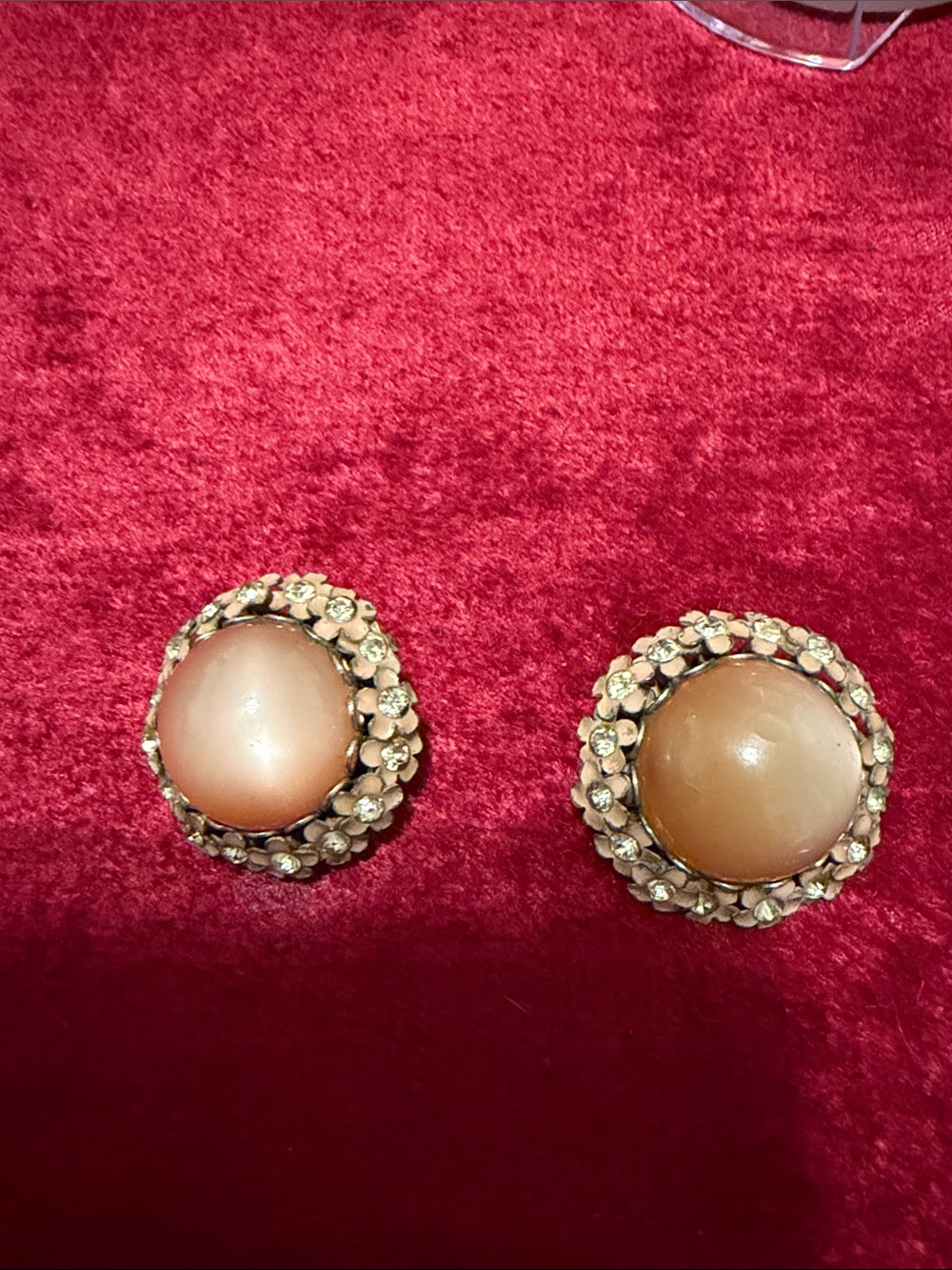 Vintage-signed Kramer Carmel moonglow Clip-On Earrings with Floral Crystal Halo